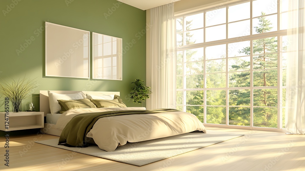 Fototapeta premium Modern Luxury Home Interior Bedroom Design with Mockup Frame , Wall, lamp, table, Poster(3d Render)