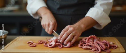 Professional chef skillfully preparing fresh octopus on a wooden cutting board in a modern kitchen setting during the afternoon