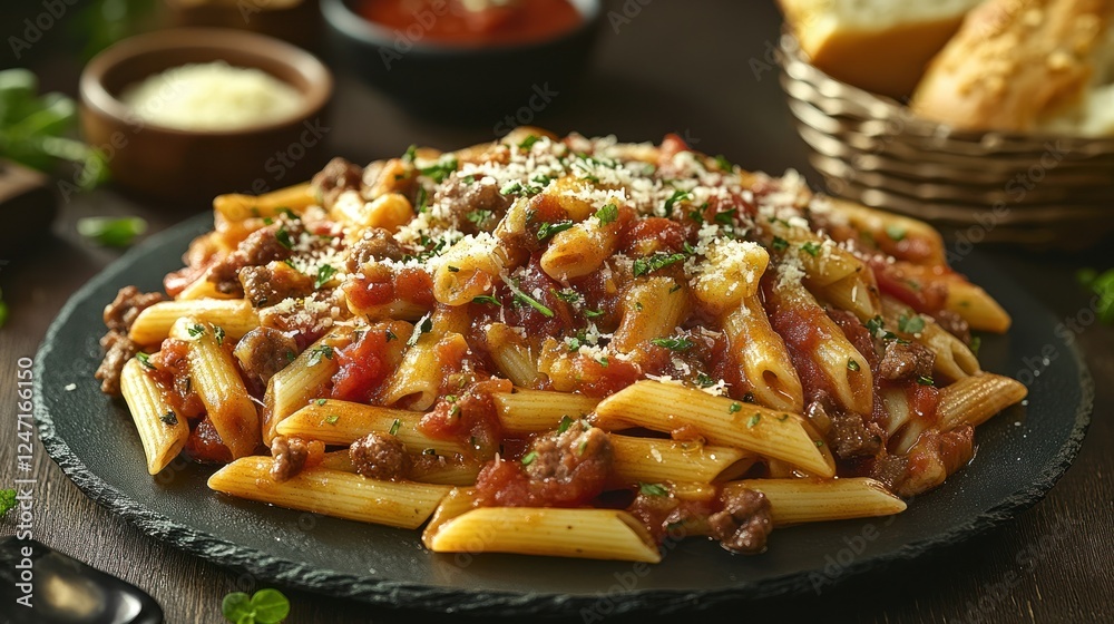 Fototapeta premium Hearty pasta dish with ground beef, served on a slate plate, with sauce, parmesan, and bread in the background