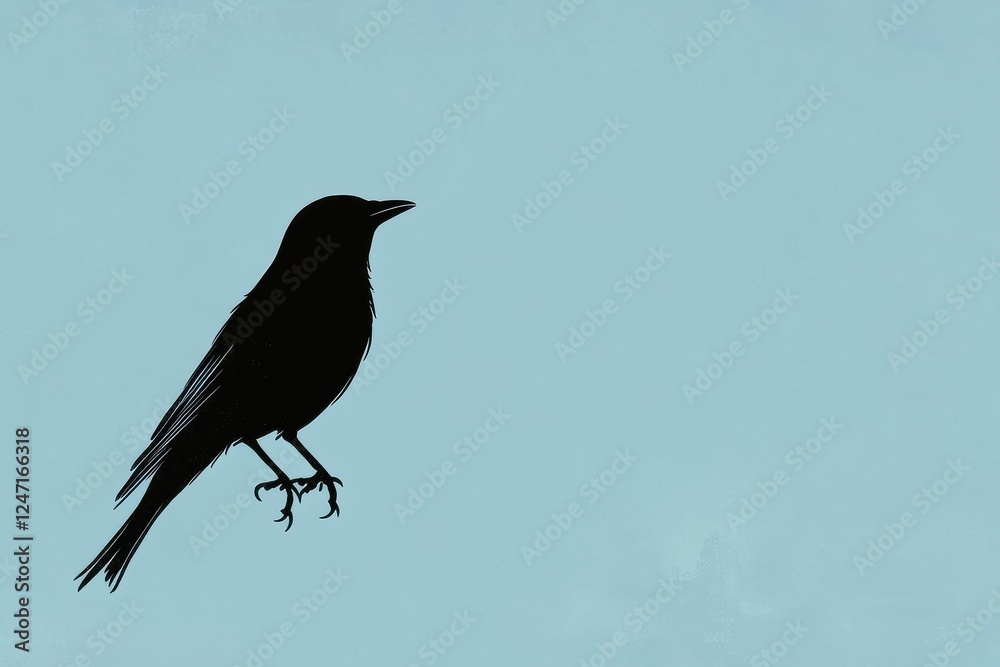 Black bird silhouette against a light blue background Black bird silhouette against a light blue background