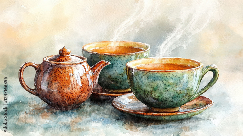 Fototapeta premium Steaming_teacups_and_teapot_on_a_table_Watercolor_painting.