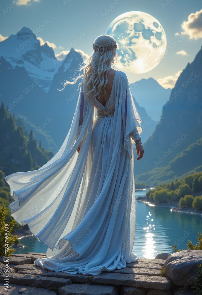 Celestial being gazing at moonlit mountains, ethereal beauty Celestial being gazing at moonlit mountains, ethereal beauty