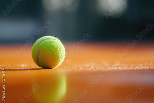 Bright Green Tennis Ball Close-Up on an Orange Clay Court  Stadium full of People with Blurred Bokeh Background during Sunset.