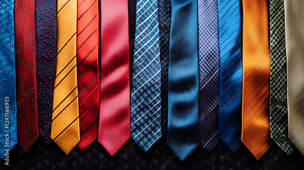 A collection of silk ties in a variety of colors displayed against a vibrant background, showcasing men�s fashion and shopping. A collection of silk ties in a variety of colors displayed against a vibrant background, showcasing men�s fashion and shopping.