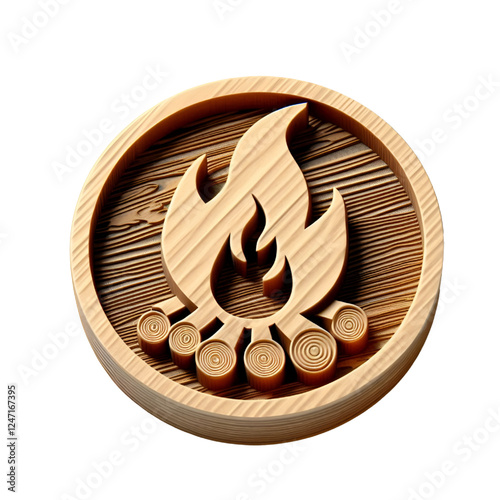 Fire 3d icon with wooden texture isolated on white background