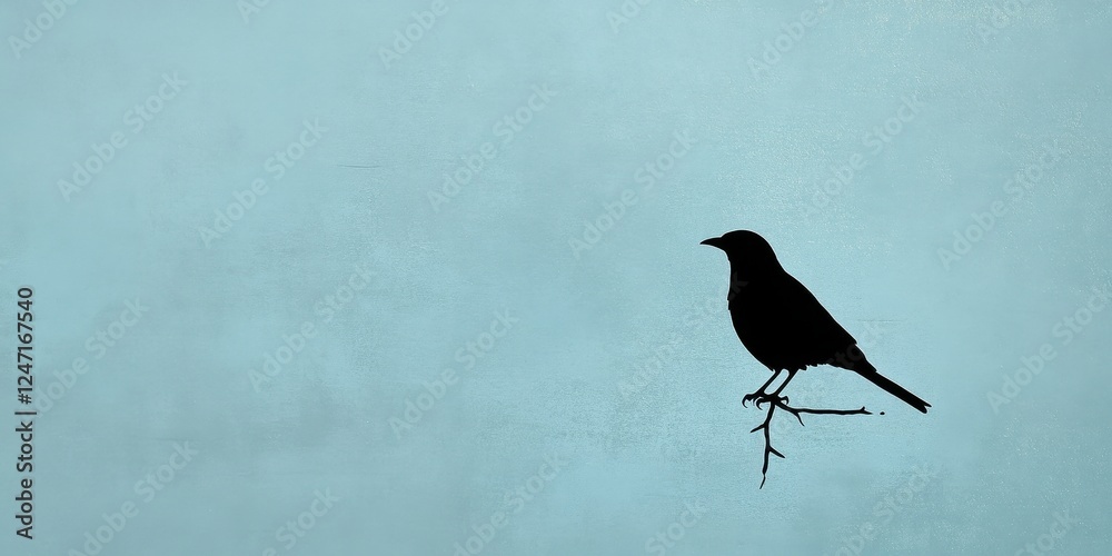 Fototapeta premium Silhouette Of A Bird Perched On A Branch Against A Light Blue Background