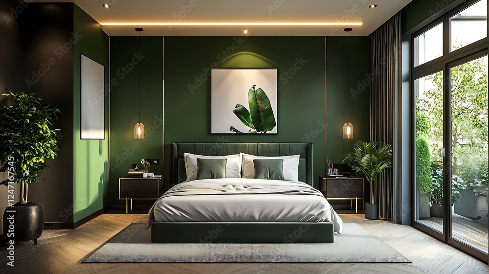 Fototapeta premium Modern Luxury Home Interior Bedroom Design with Mockup Frame , Wall, lamp, table, Poster(3d Render)