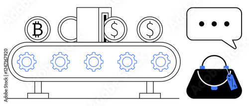 Conveyor belt converting Bitcoin, dollar coins into a bag, surrounded by gears and chat bubble. Ideal for finance, e-commerce, blockchain, automation, innovation, digital economy payment systems