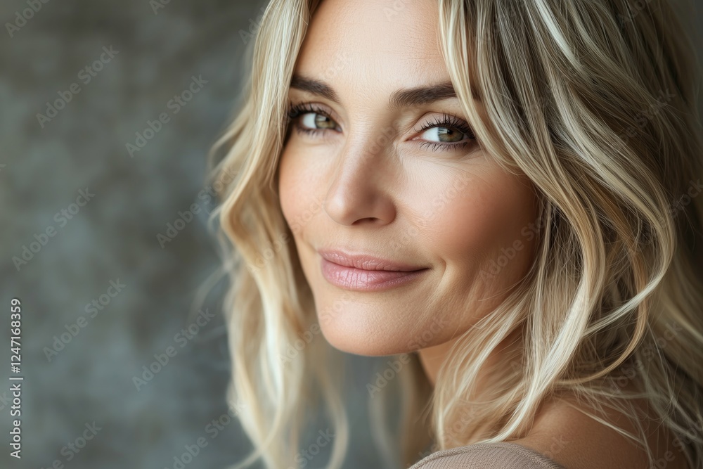 A close-up portrait of a smiling woman with wavy blonde hair, exuding warmth and confidence, perfect for themes of beauty and positivity. A close-up portrait of a smiling woman with wavy blonde hair, exuding warmth and confidence, perfect for themes of beauty and positivity.