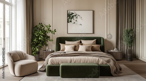 Modern Luxury Home Interior Bedroom Design with Mockup Frame , Wall, lamp, table, Poster(3d Render)