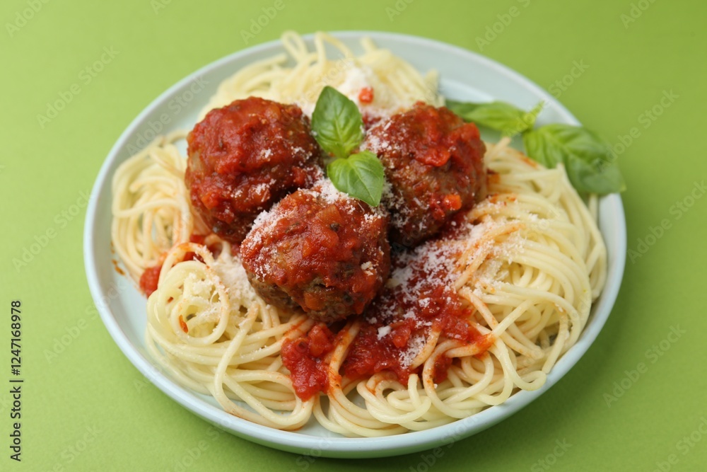 Delicious pasta with meatballs, basil and cheese on green table, closeup Delicious pasta with meatballs, basil and cheese on green table, closeup