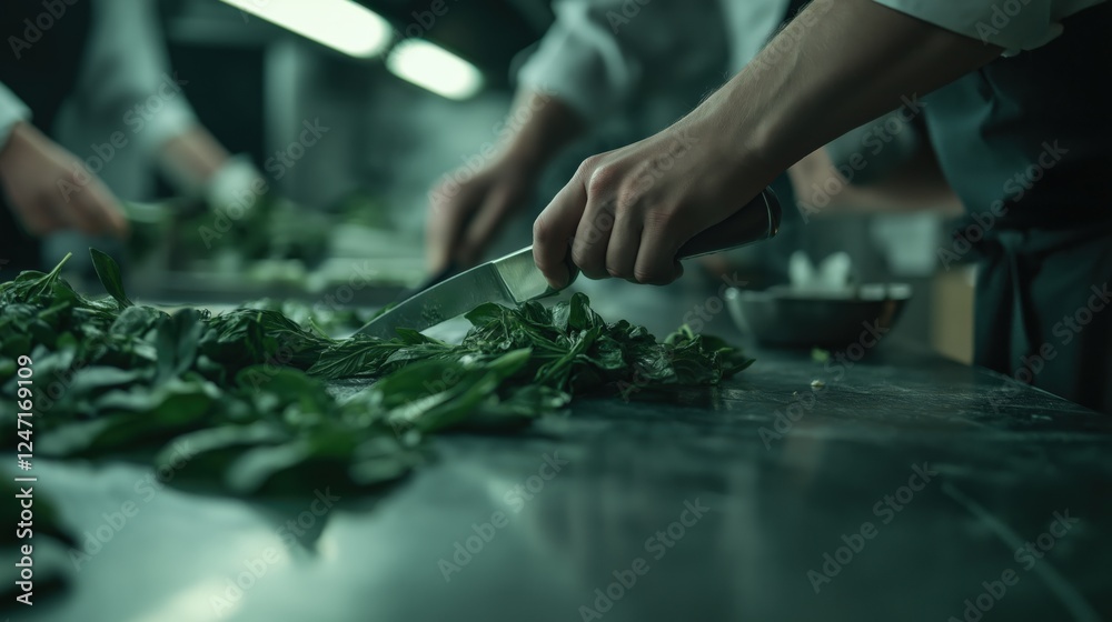 Fototapeta premium Chef cutting leafy vegetable on kitchen table top in a restaurant
