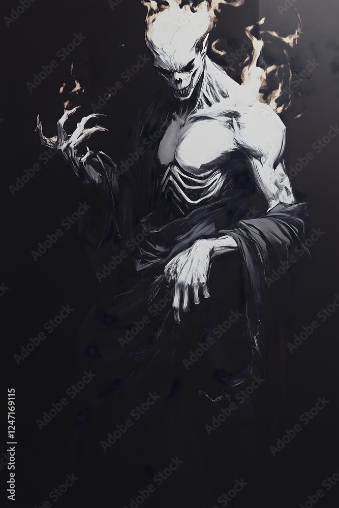 A menacing, skeletal figure with flaming hair wears a draped cloak in a dark, monochromatic design. Its pose and expression evoke fear, power, and a ghostly presence. A menacing, skeletal figure with flaming hair wears a draped cloak in a dark, monochromatic design. Its pose and expression evoke fear, power, and a ghostly presence.