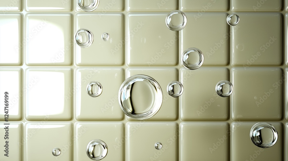 Clear bubbles floating on a smooth, light-colored tile surface, creating a sense of freshness and tranquility. Clear bubbles floating on a smooth, light-colored tile surface, creating a sense of freshness and tranquility.