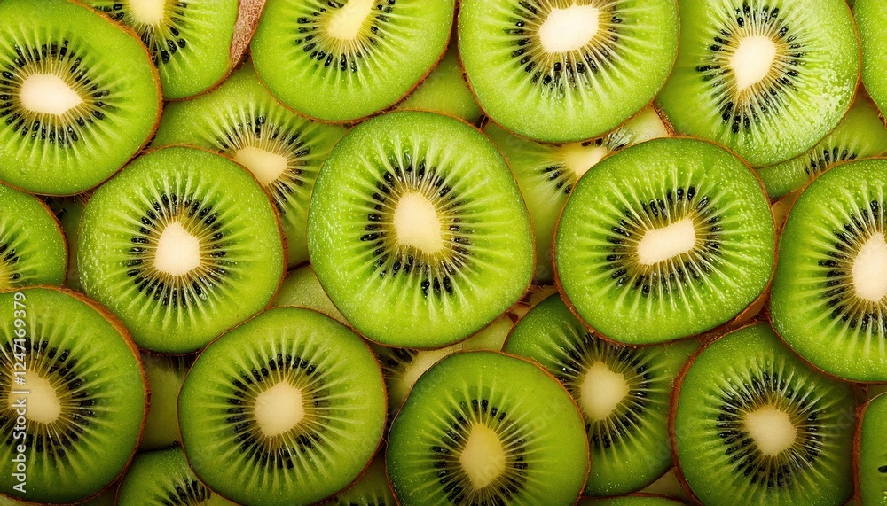 Sliced kiwifruit arranged in a colorful pattern on a wooden surface for a vibrant display Sliced kiwifruit arranged in a colorful pattern on a wooden surface for a vibrant display