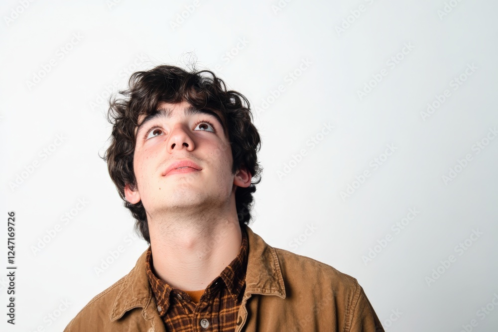 Obraz premium Thoughtful Young Man Looking Upwards Against a Minimalist Background