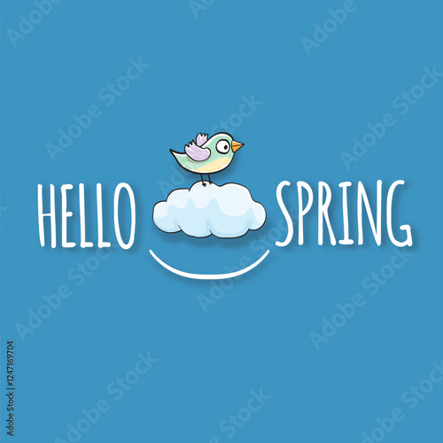 Hello spring label with spring birds and flowers on blue spring sky background. Hello spring simple clip art cut paper style illustration design template