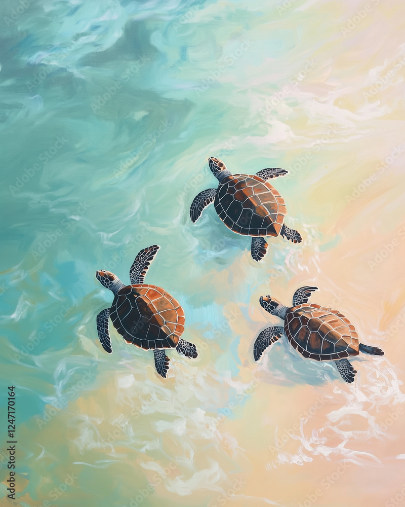 Obraz premium Three Sea Turtles Swimming Gracefully in Clear Turquoise Waters During a Serene Sunset