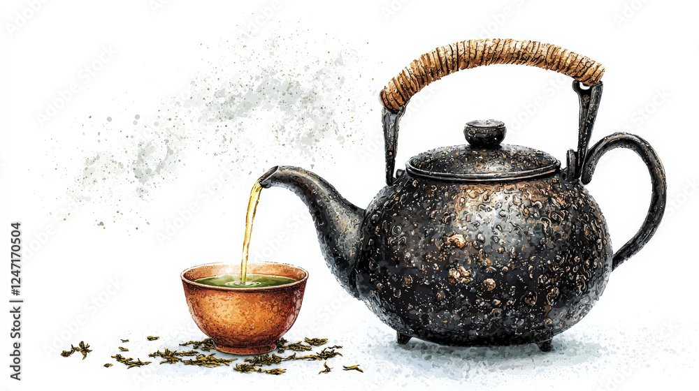 Tea_pouring_from_rustic_iron_teapot_into_small_bowl,_loose_leaf_scattered. Tea_pouring_from_rustic_iron_teapot_into_small_bowl,_loose_leaf_scattered.