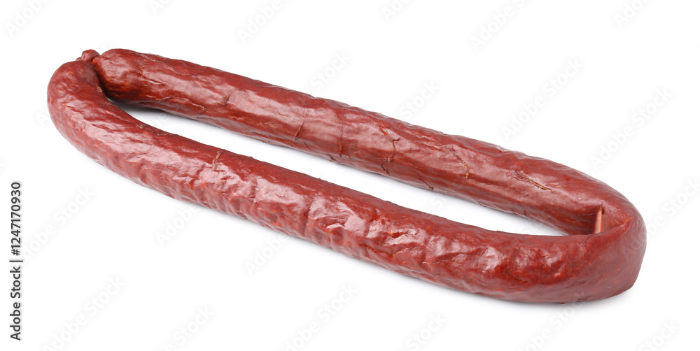 Delicious thin smoked sausage isolated on white Delicious thin smoked sausage isolated on white