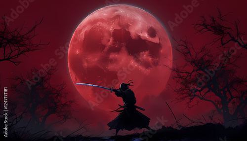 Luna rossa color sangue incandescente che illumina la silhouette di un samurai con katana sguainata, Glowing blood-colored red moon illuminating the silhouette of a samurai with unsheathed katana photo