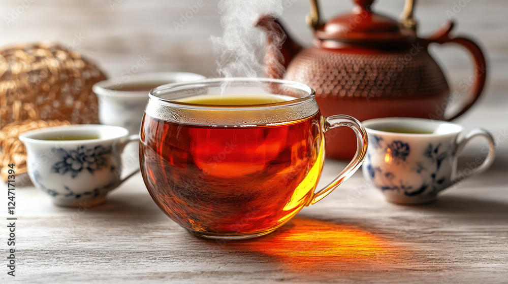 Steaming_cup_of_tea,_surrounded_by_other_teacups_and_teapot. Steaming_cup_of_tea,_surrounded_by_other_teacups_and_teapot.