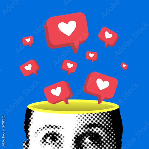 Halftone woman's head is full of heart reactions from social networks. Social media addiction. Blogger looks at like buttons and rejoices. Modern collage
