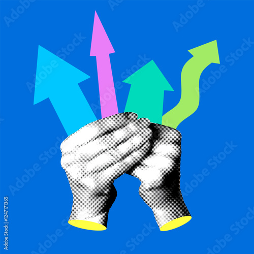 Halftone hands holding arrows pointing in different directions. Modern collage. Concept of choice, opportunities, ways to solve a problem