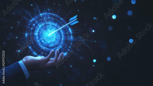 Wallpaper Mural A business-themed illustration featuring a glowing blue target and an arrow striking its center, symbolizing precision, goals, and success, held in a businessman's outstretched hand against Torontodigital.ca
