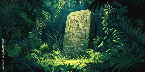 Ancient Stone Tablet Hidden Deep Within Lush Jungle Foliage photo