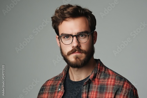 Confident Young Man with Glasses and Beard in Casual Attire
