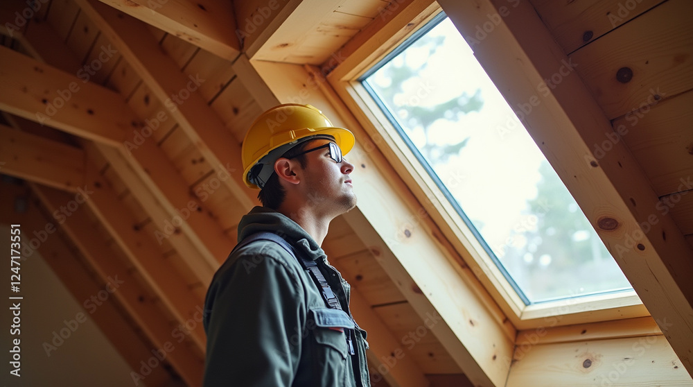 Construction worker examines newly installed skylight in wooden-framed room during daylight hours