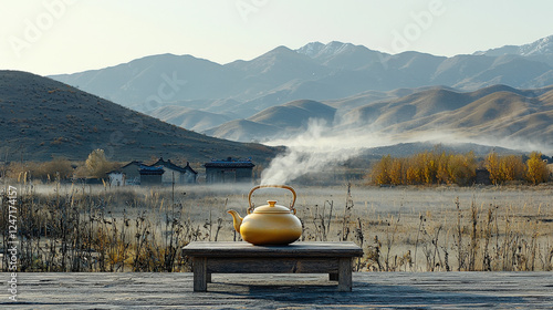 Golden_kettle_steams_on_rustic_table,_overlooking_misty_valley_and_distant_mountains. photo