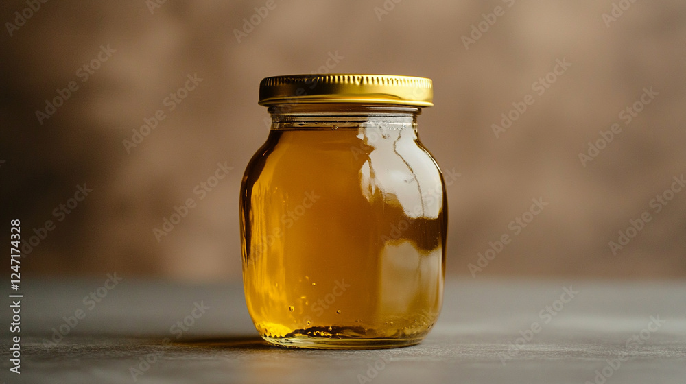 A clear glass jar with a golden lid, symbolizing purity and value, placed against an elegant, minimalist background. The simplicity of the scene conveys clarity and potential, with space for captionin A clear glass jar with a golden lid, symbolizing purity and value, placed against an elegant, minimalist background. The simplicity of the scene conveys clarity and potential, with space for captionin