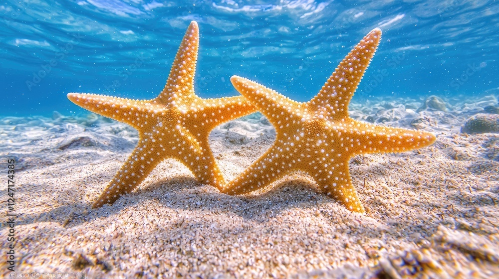 Two starfish on sandy ocean floor, underwater Two starfish on sandy ocean floor, underwater