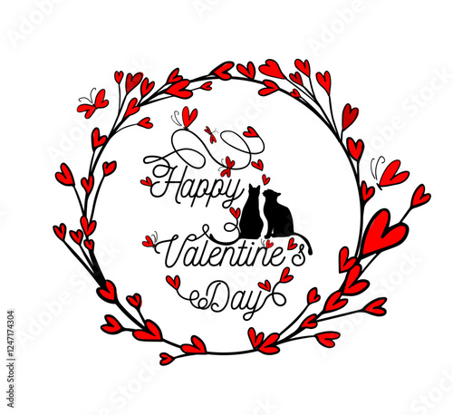 Happy Valentine's Day. Silhouettes of cats with hearts. Hand drawn. Not AI, Vector illustration