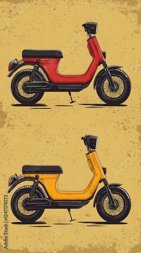 <Vintage Red Motorcycle and Scooter Illustration - Retro Urban Transport Design Vector> photo