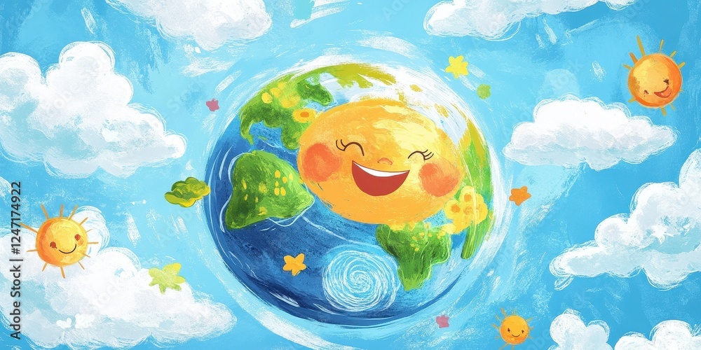 Naklejka premium Happy Earth Smiling Sun and Clouds in Sky