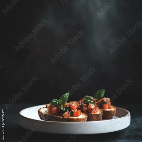 Hot Bruschetta on Plate, Dark Background, Steaming photo