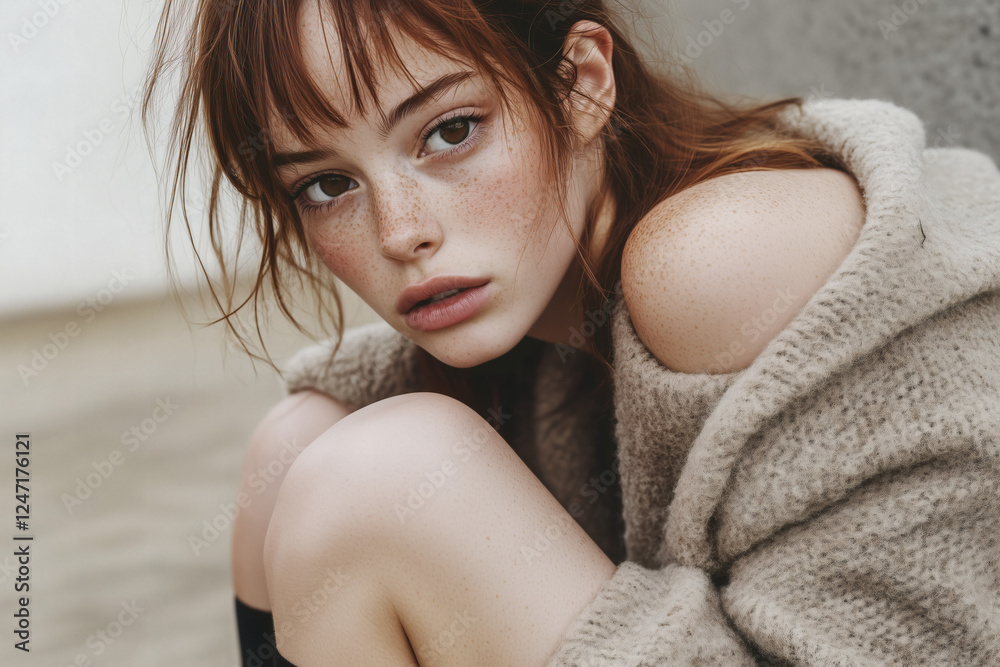 Naklejka premium Freckled woman in a knit cardigan