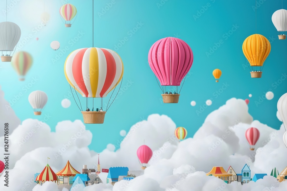 Naklejka premium Floating marketplace of vendors cloudscape digital art whimsical aerial view