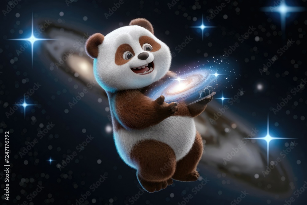 Obraz premium Adorable panda holding a miniature galaxy in space, surrounded by stars.