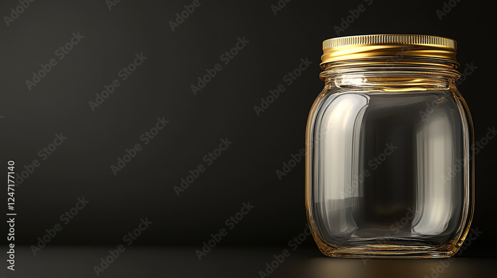 A clear glass jar with a golden lid, symbolizing purity and value, placed against an elegant, minimalist background. The simplicity of the scene conveys clarity and potential, with space for captionin A clear glass jar with a golden lid, symbolizing purity and value, placed against an elegant, minimalist background. The simplicity of the scene conveys clarity and potential, with space for captionin