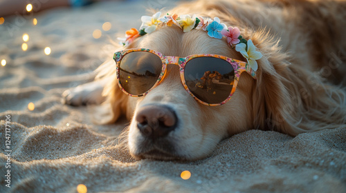 A golden retriever wearing sunglasses and a Hawaiian flower lei, lying on golden sand, surrounded by warm tones, radiating a tropical and relaxed vacation vibe