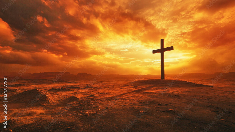 Cross standing alone in a vibrant desert landscape under an orange-red sunset Cross standing alone in a vibrant desert landscape under an orange-red sunset