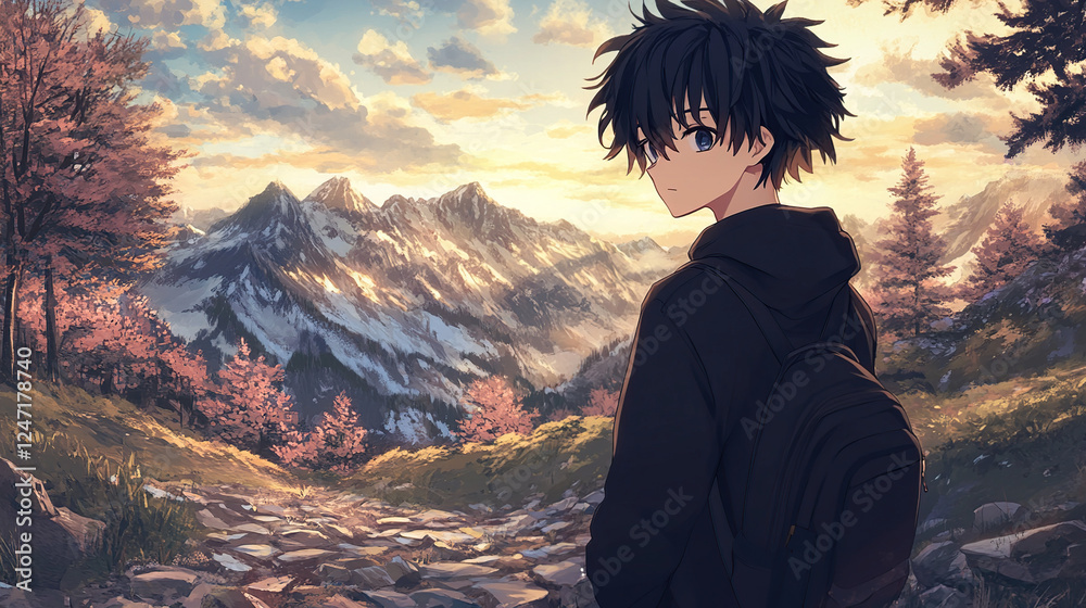 Obraz premium Anime Boy in Mountain Landscape at Sunset