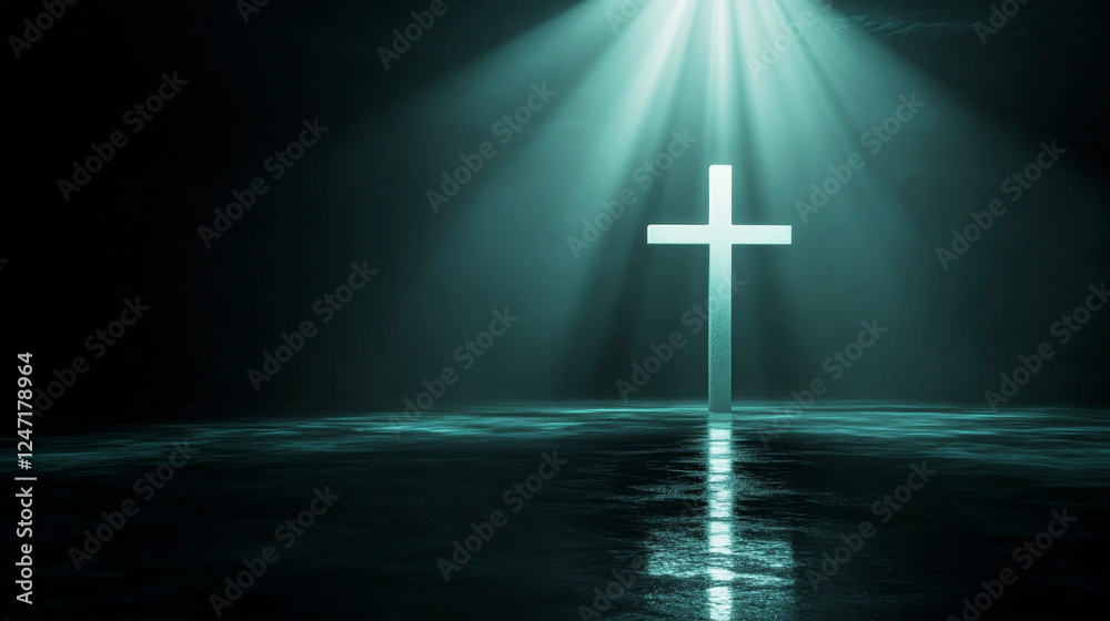 Minimalist glowing cross illuminated in darkness with serene ambiance Minimalist glowing cross illuminated in darkness with serene ambiance