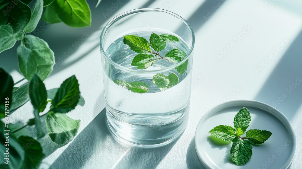 Clear glass of water with green mint leaves on soft gray surface Clear glass of water with green mint leaves on soft gray surface
