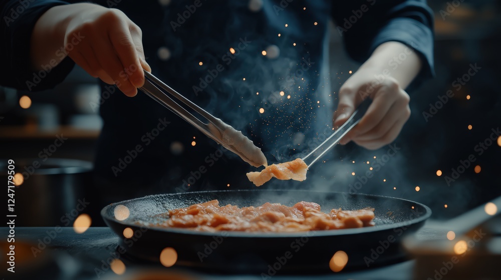 Chef cooking a dish in pan by using tongs in dark background Chef cooking a dish in pan by using tongs in dark background