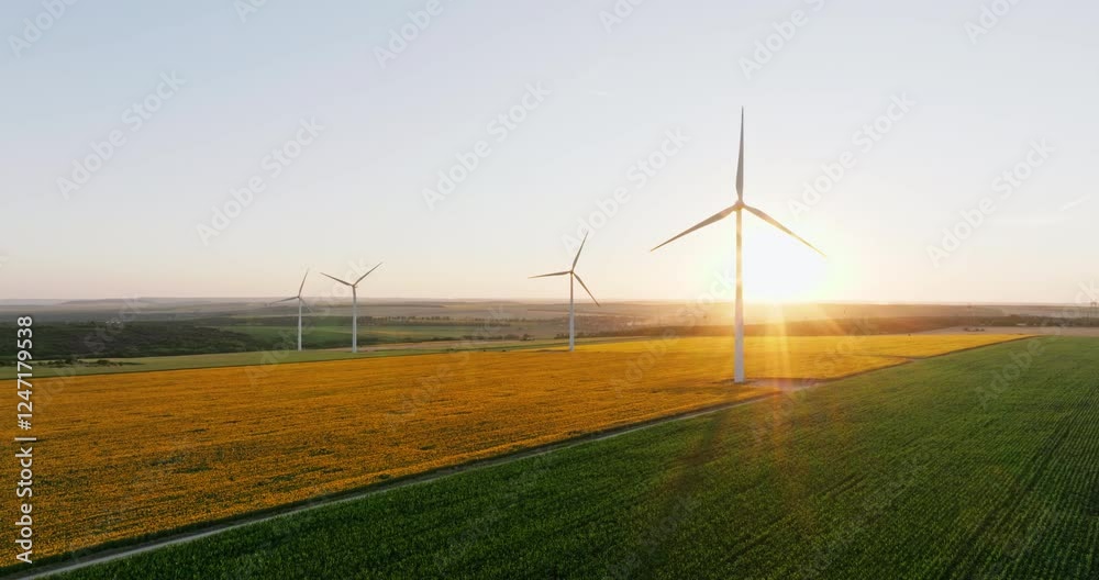 Expansive view of wind power farm with turbines spinning under clear sky. The golden sunset bathes landscape in warm tones, emphasizing modern approach to clean and efficient energy production. Expansive view of wind power farm with turbines spinning under clear sky. The golden sunset bathes landscape in warm tones, emphasizing modern approach to clean and efficient energy production.